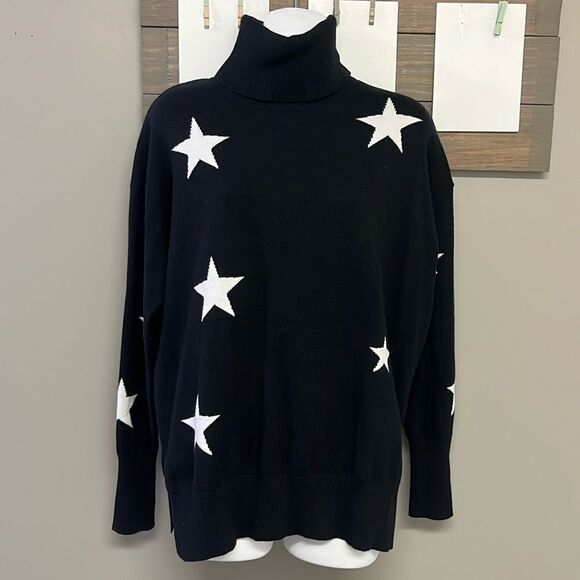 Black w/ Stars Turtleneck Viscose Blend Long Sleeve Sweater w/Side Slits- Medium - Picture 1 of 10